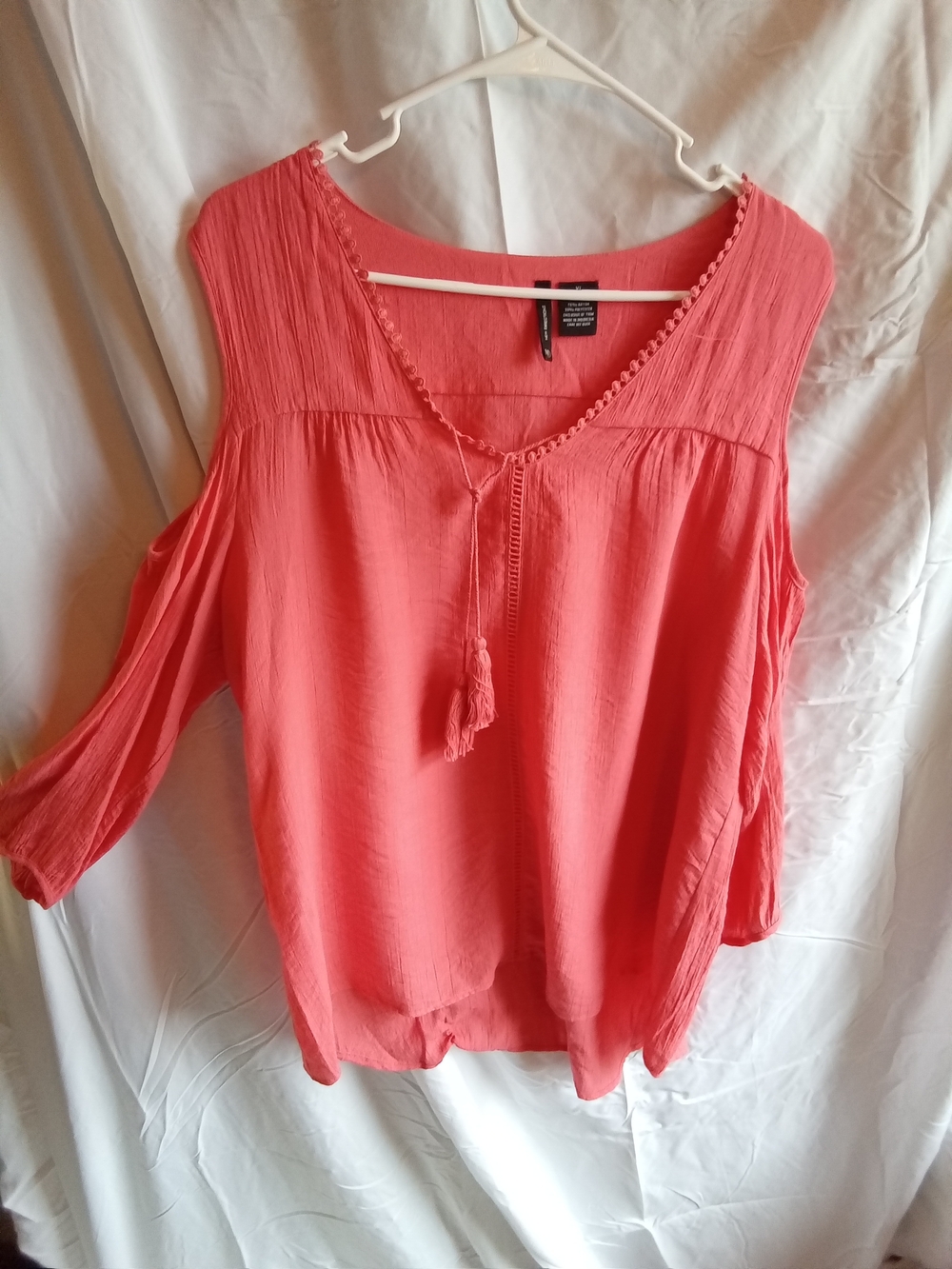 New Directions Coral Cold-Shoulder Tassel V-Neck Blouse